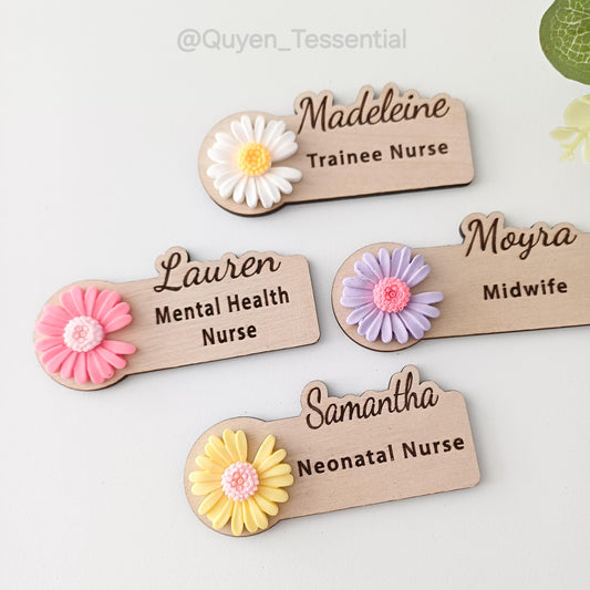 3D Daisy Wooden Name Badge: Personalized Teacher, Nurse, Doctor Gift