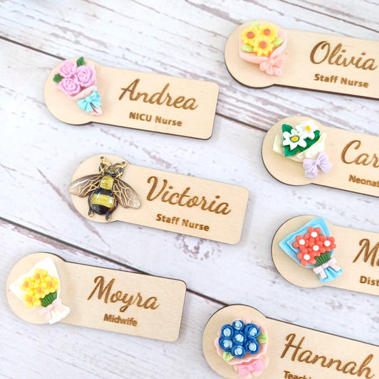 3D Flower Bouquet Name Badge: Personalized Wooden Name Tag