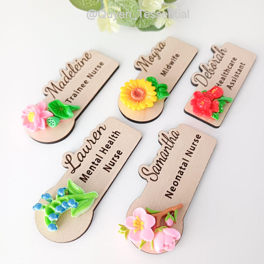3d floral wooden name badge: custom teacher, doctor, nurse gift