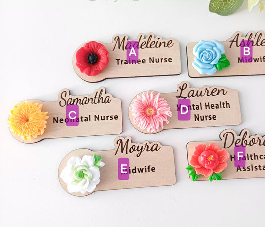 3D Floral Name Badge: Custom Wooden Teacher, Nurse, Doctor Gift