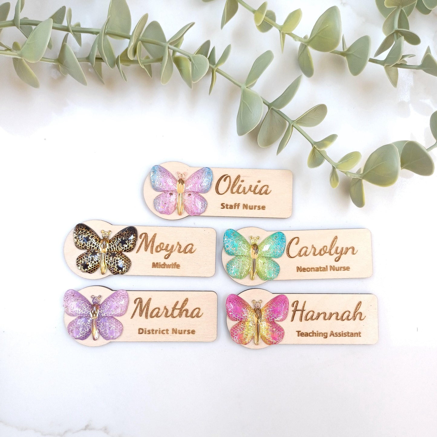 3d butterfly name badge: personalized wooden teacher/nurse gift