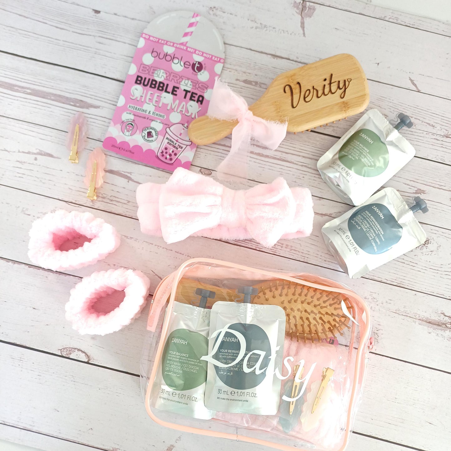 Personalized spa gift set, clear cosmetic bag, engraved brush