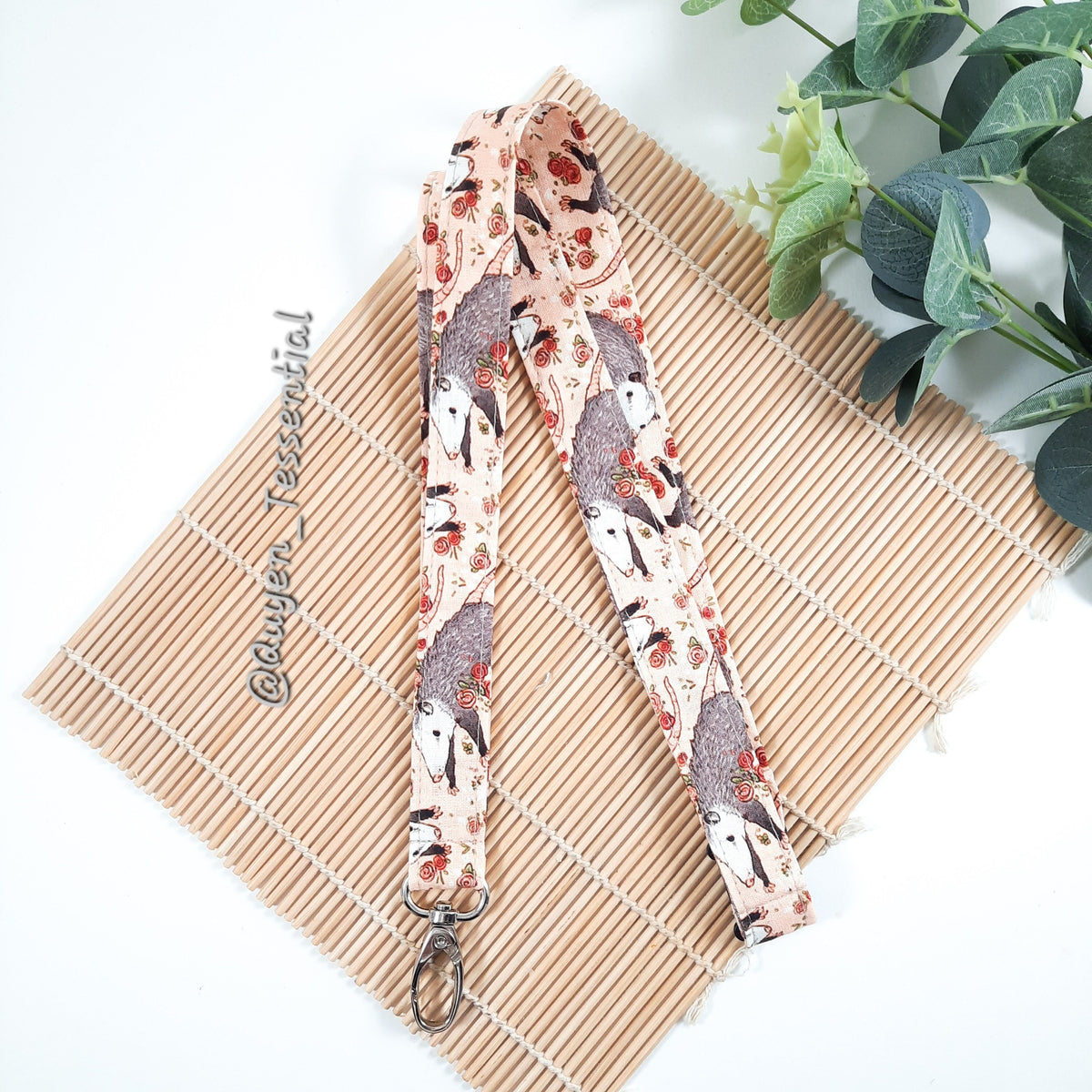 Possum lanyard, Opossum floral ID card holder, Breakaway keychain, Pre school Teacher gift UK