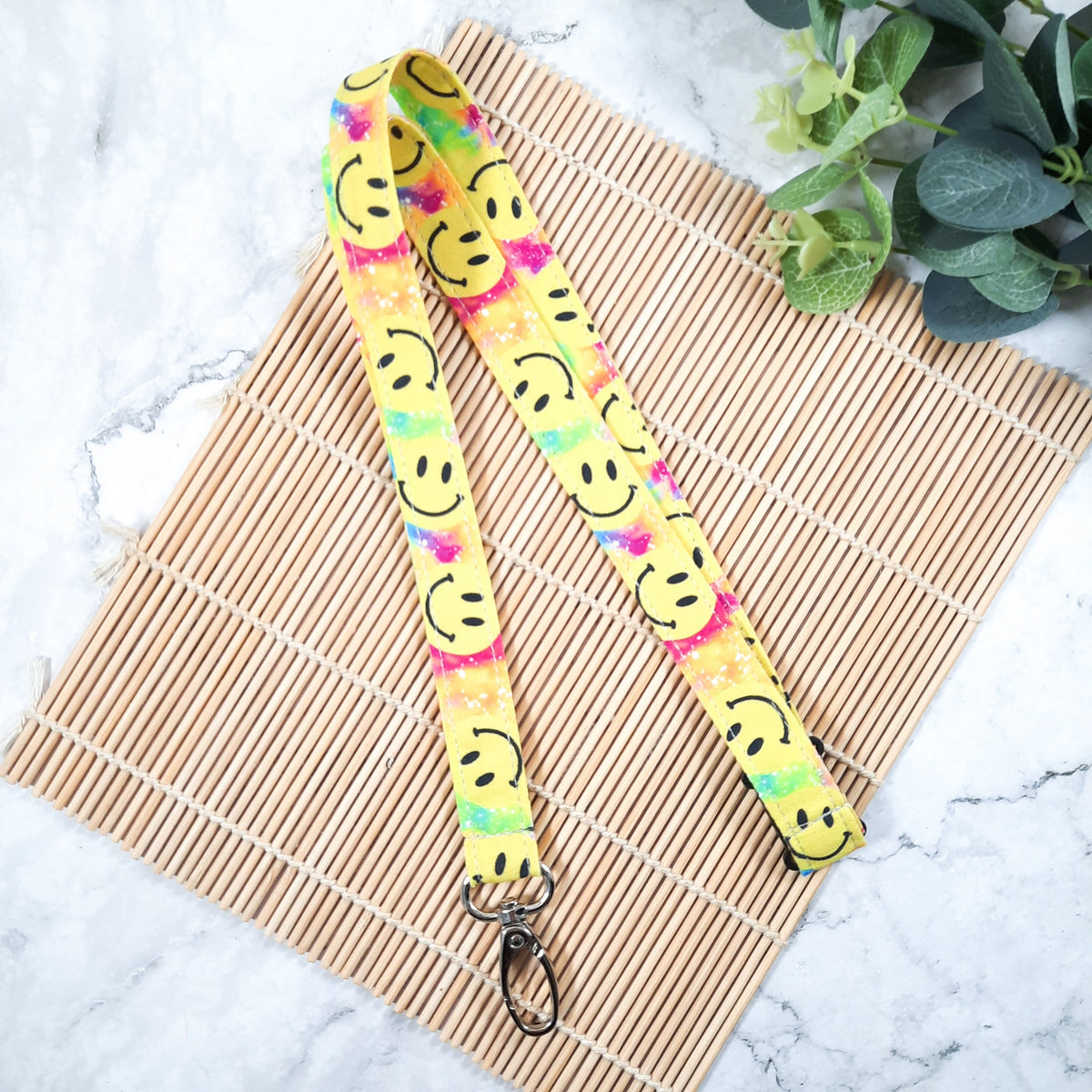 Smiley Face Lanyard: Breakaway ID Holder, Cotton Fabric Keychain