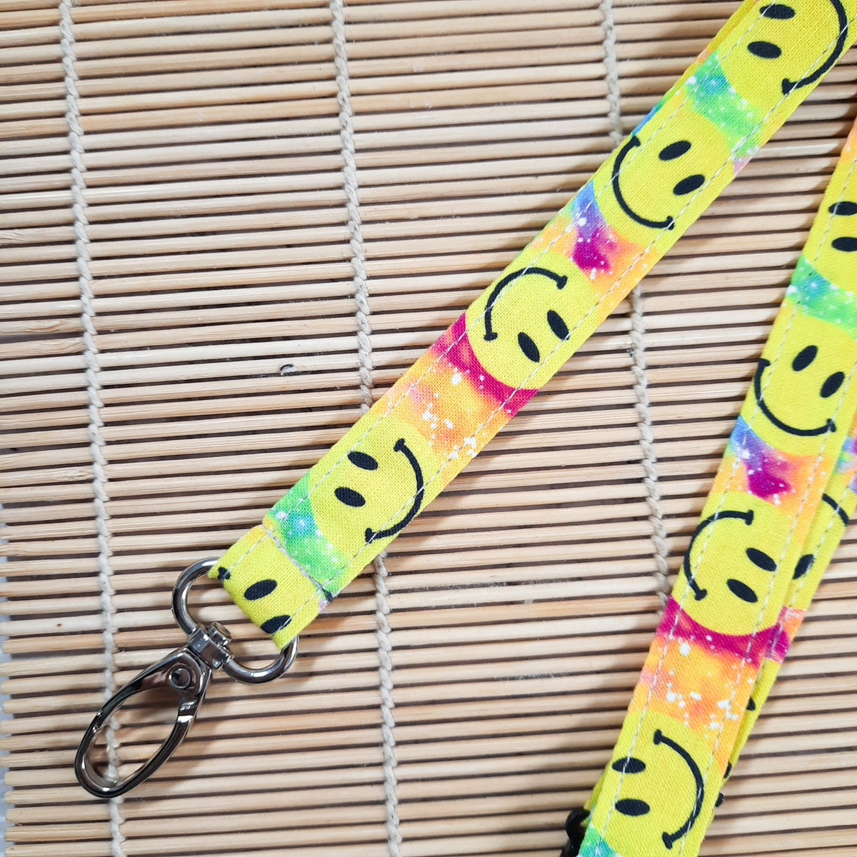 Smiley Face Lanyard: Breakaway ID Holder, Cotton Fabric Keychain