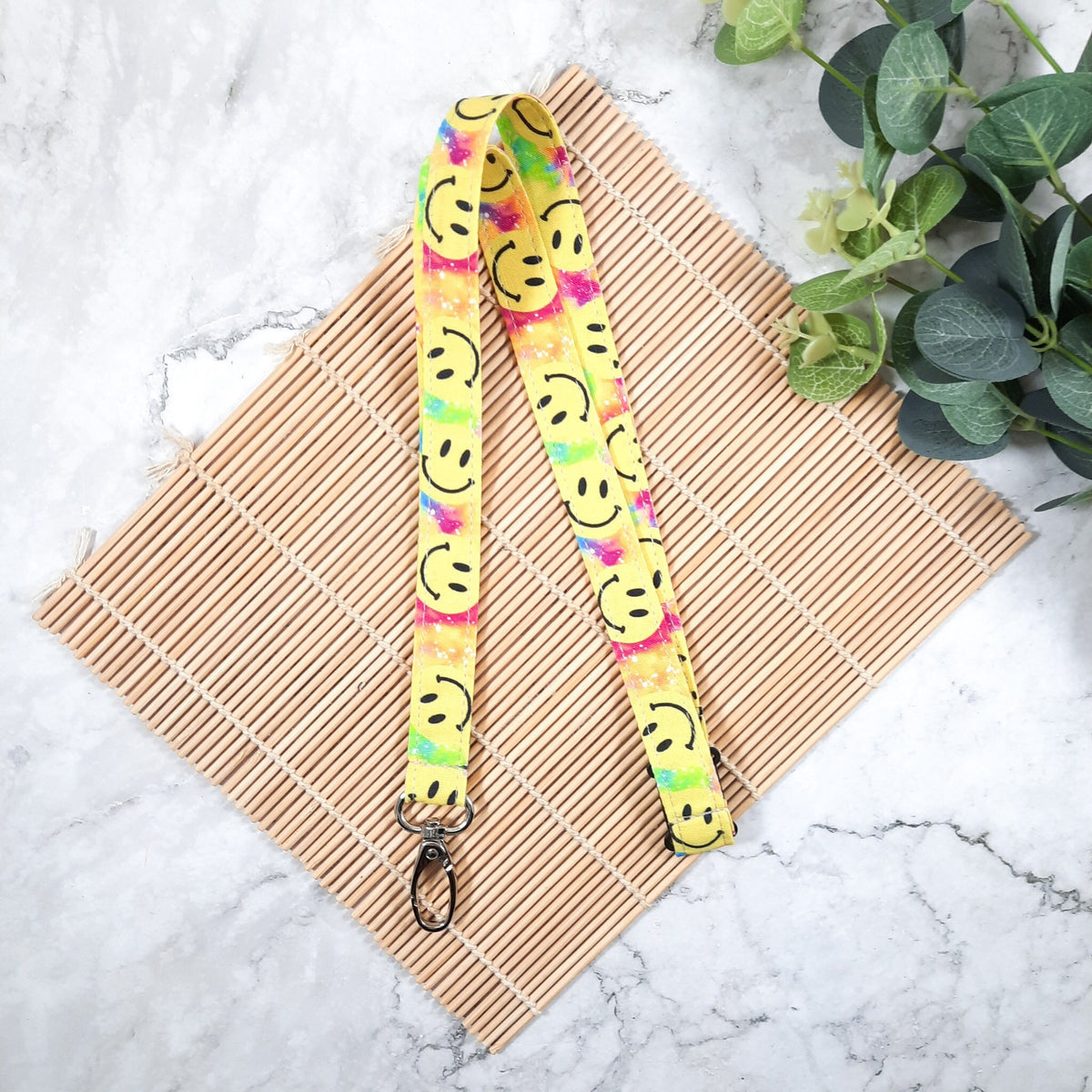 Smiley Face Lanyard: Breakaway ID Holder, Cotton Fabric Keychain