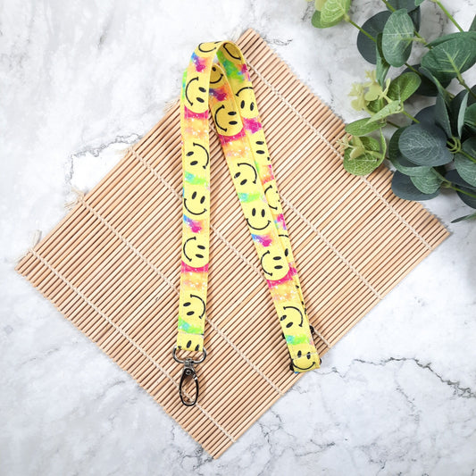 Smiley Face Lanyard: Breakaway ID Holder, Cotton Fabric Keychain