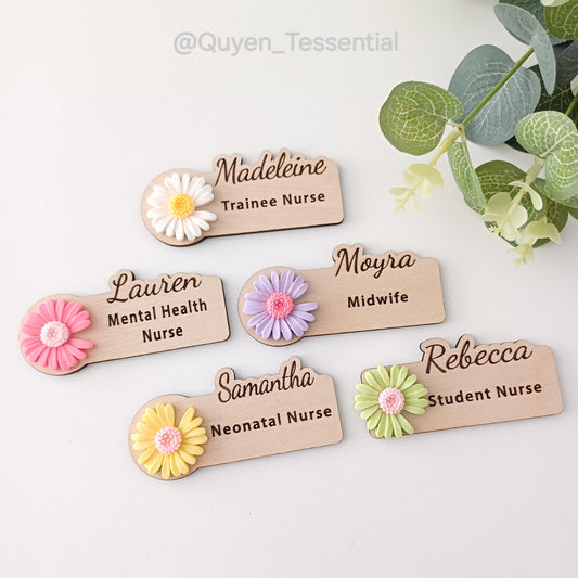 3D Daisy Wooden Name Badge: Personalized Teacher, Nurse, Doctor Gift