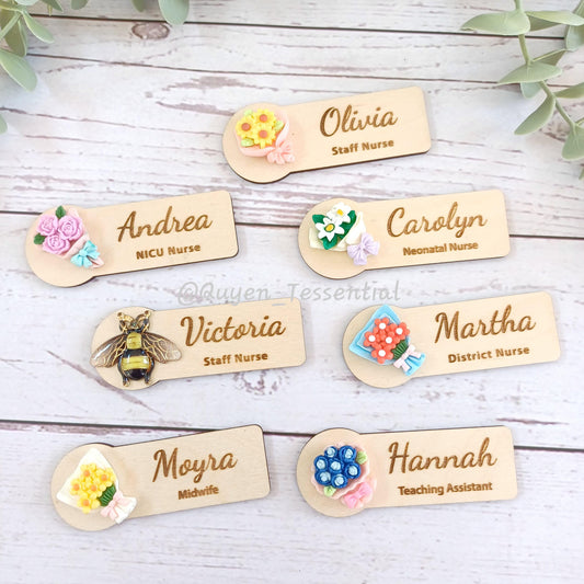3D Flower Bouquet Name Badge: Personalized Wooden Name Tag