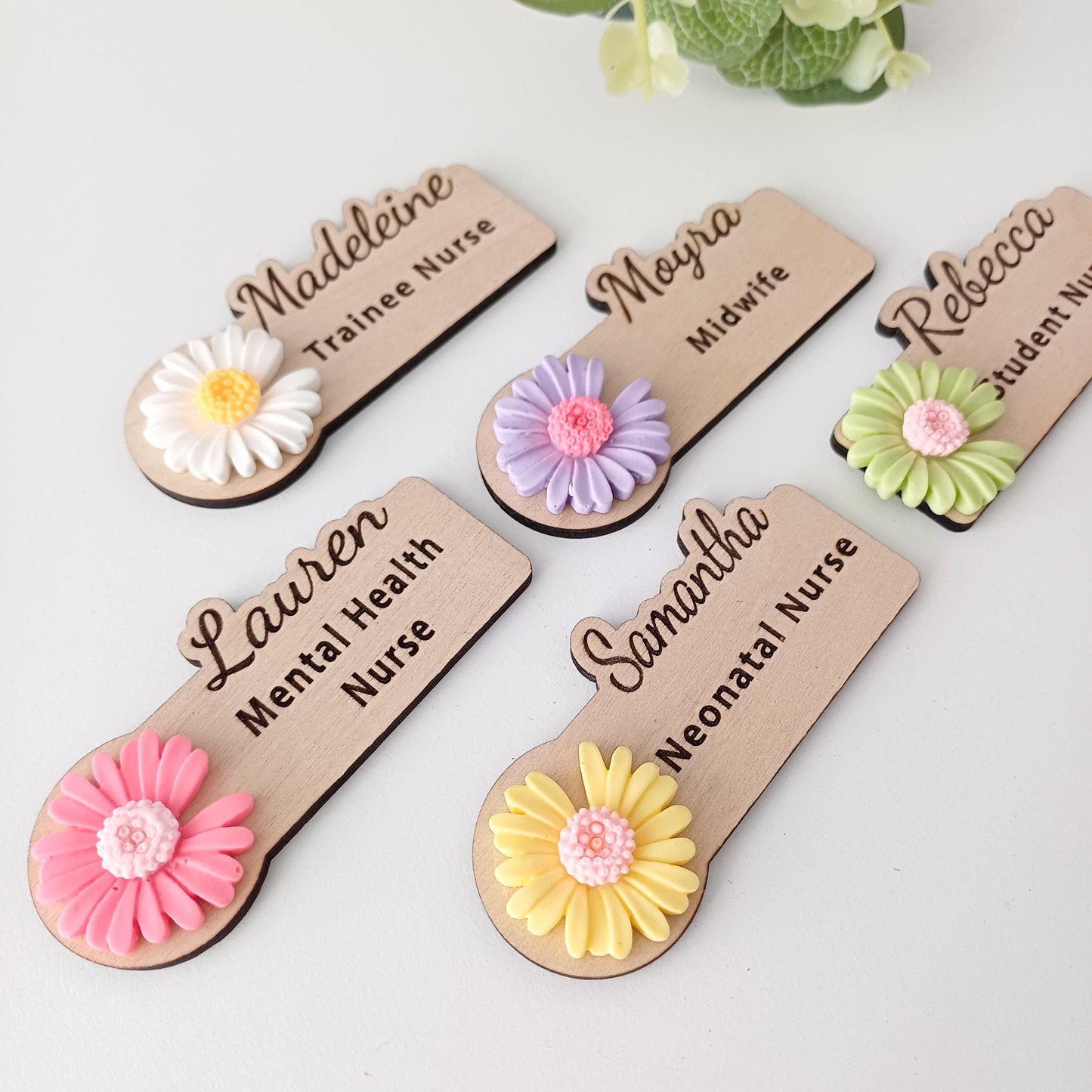 3D Daisy Wooden Name Badge: Personalized Teacher, Nurse, Doctor Gift