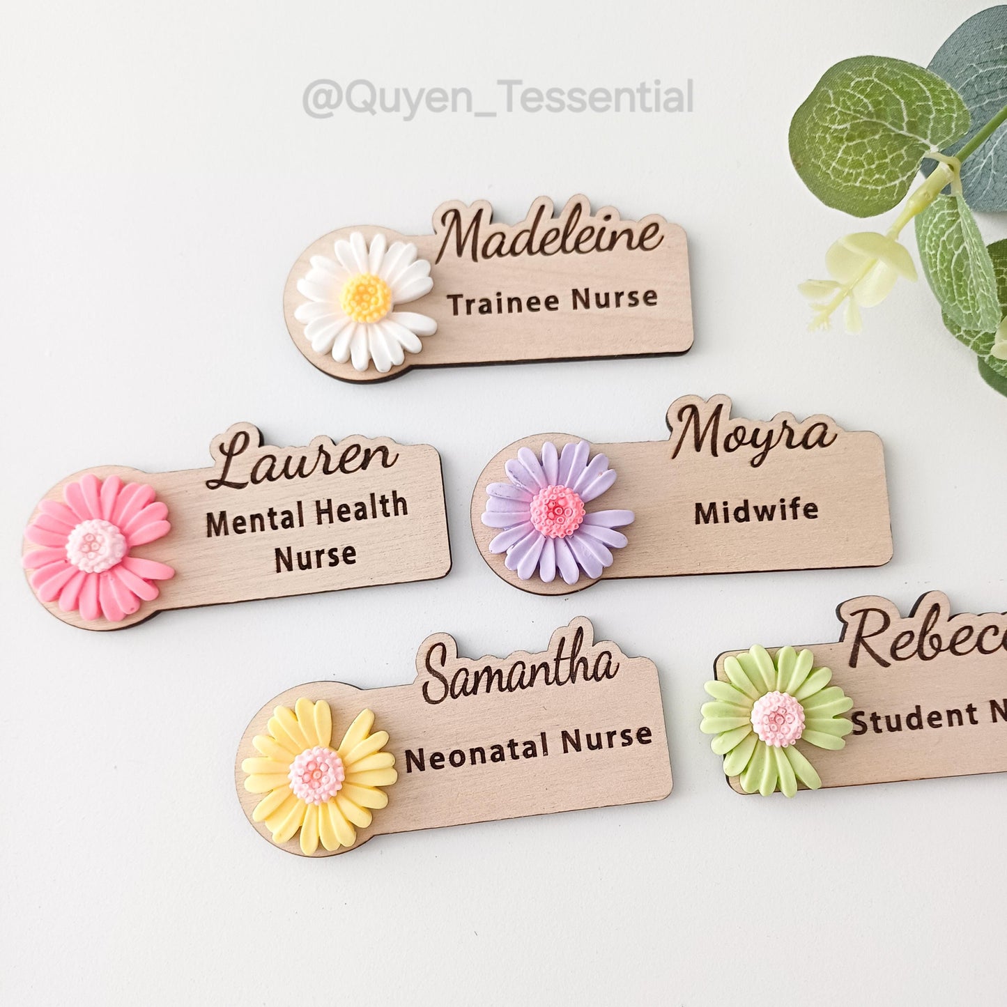 3D Daisy Wooden Name Badge: Personalized Teacher, Nurse, Doctor Gift