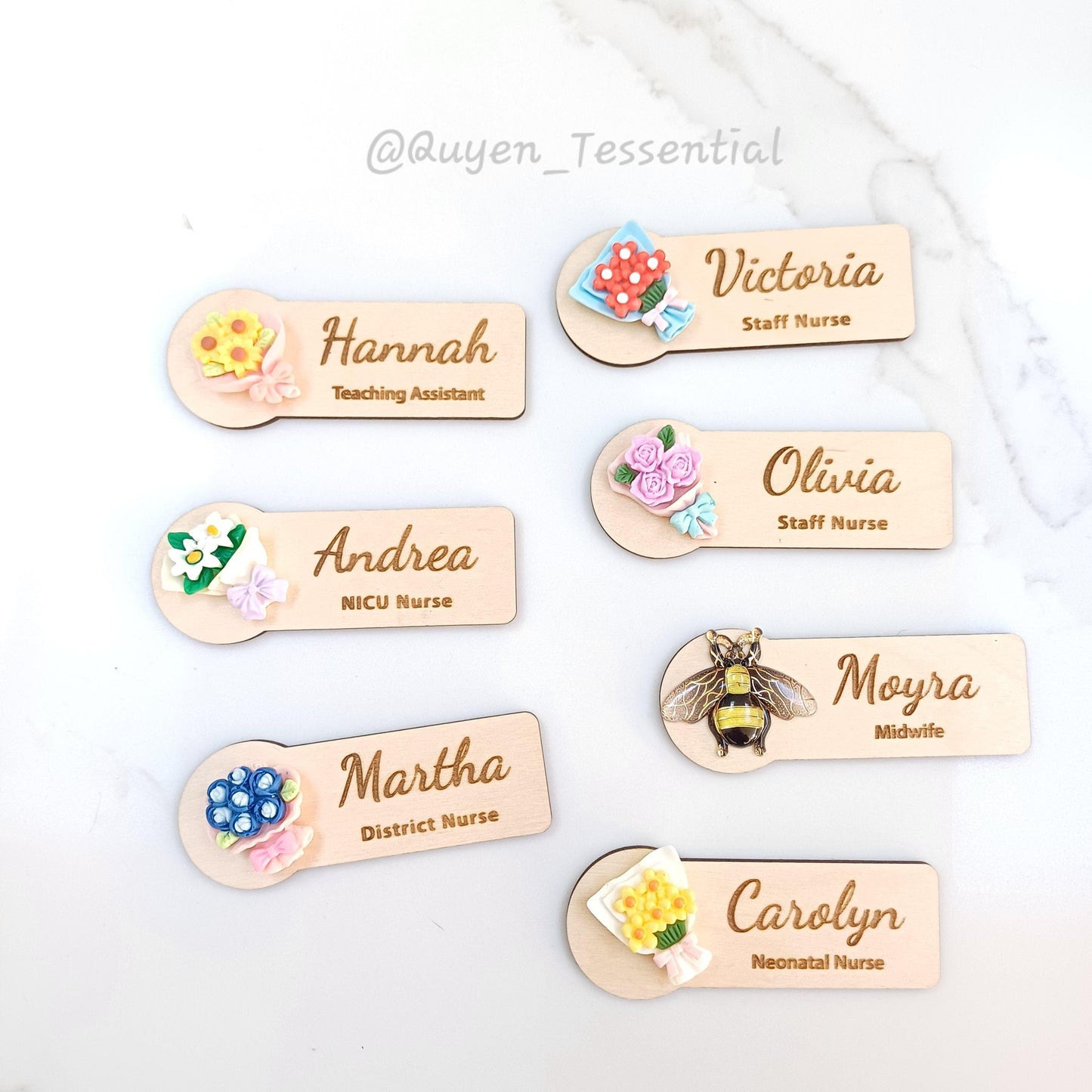 3D Flower Bouquet Name Badge: Personalized Wooden Name Tag
