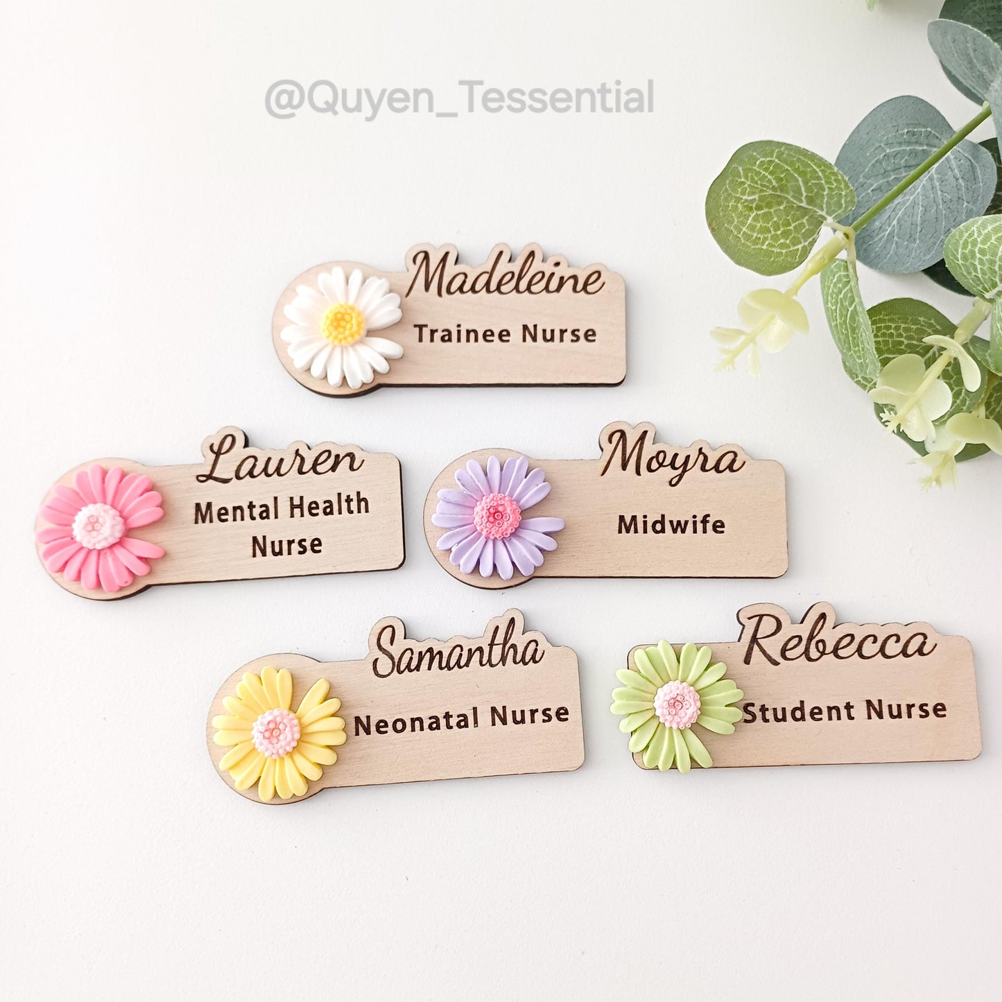 3D Daisy Wooden Name Badge: Personalized Teacher, Nurse, Doctor Gift