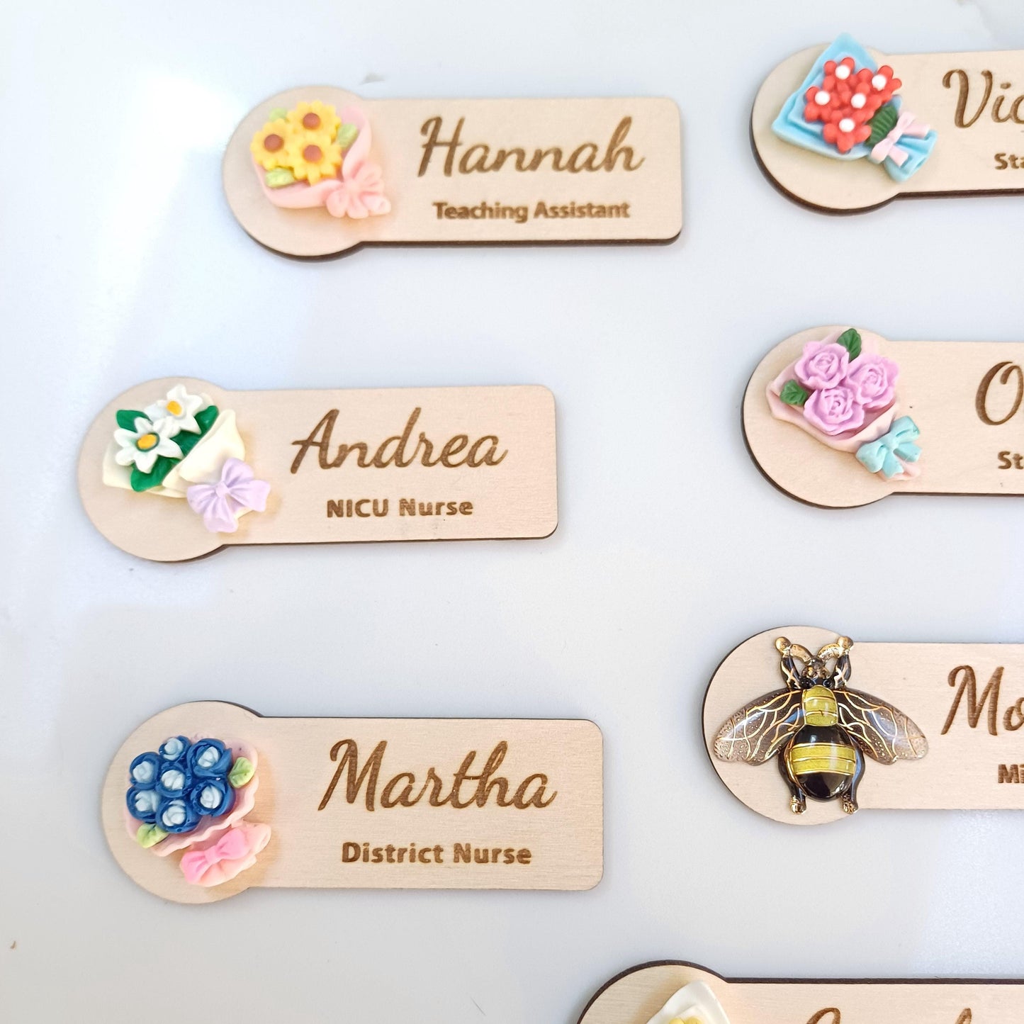 3D Flower Bouquet Name Badge: Personalized Wooden Name Tag