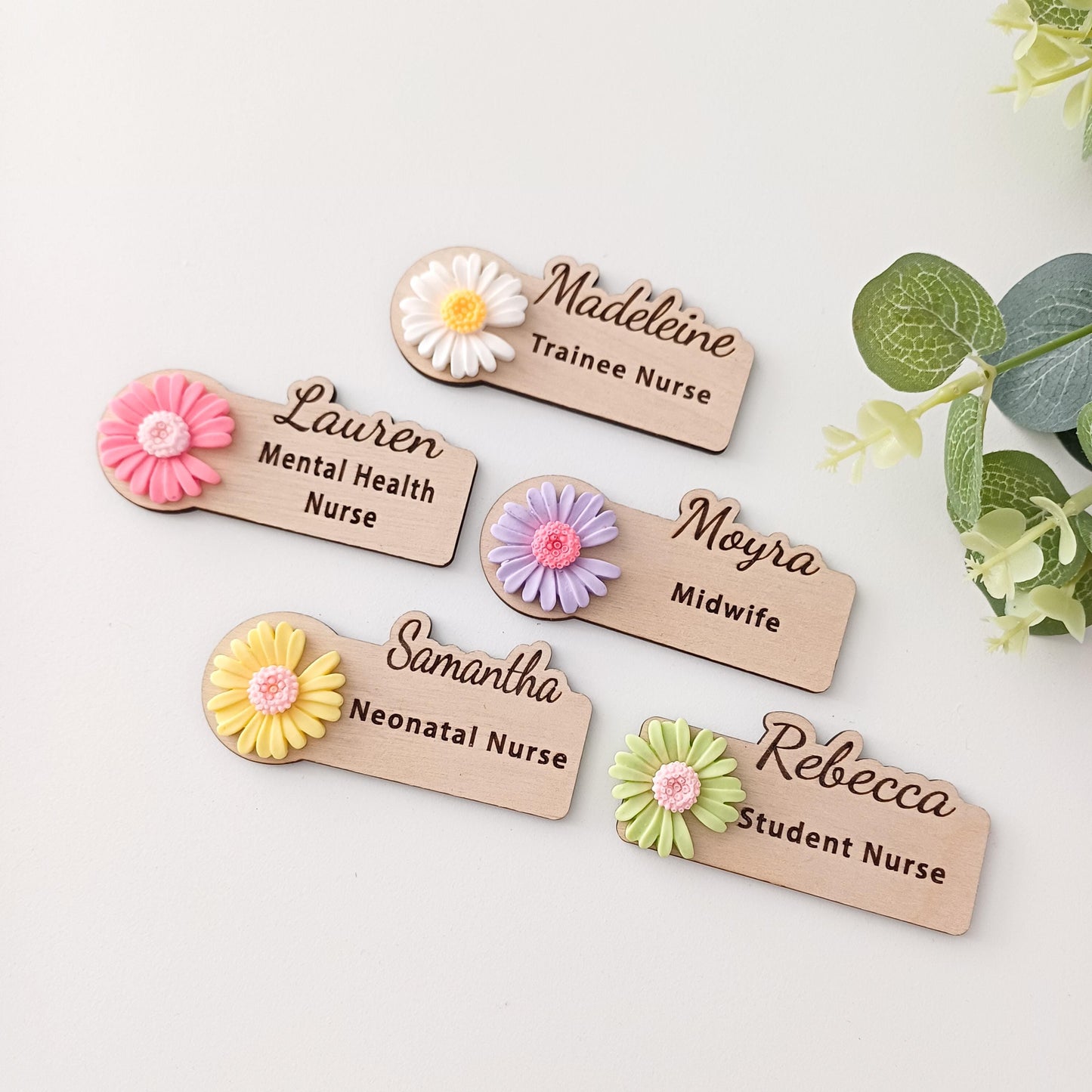 3D Daisy Wooden Name Badge: Personalized Teacher, Nurse, Doctor Gift