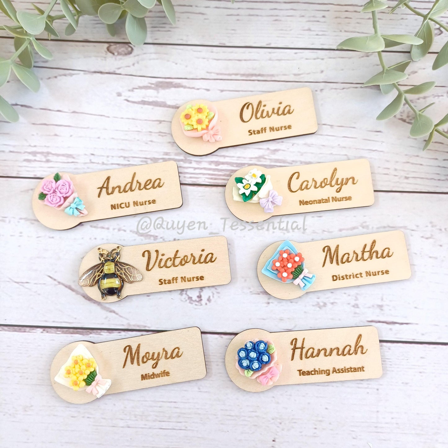 3D Flower Bouquet Name Badge: Personalized Wooden Name Tag