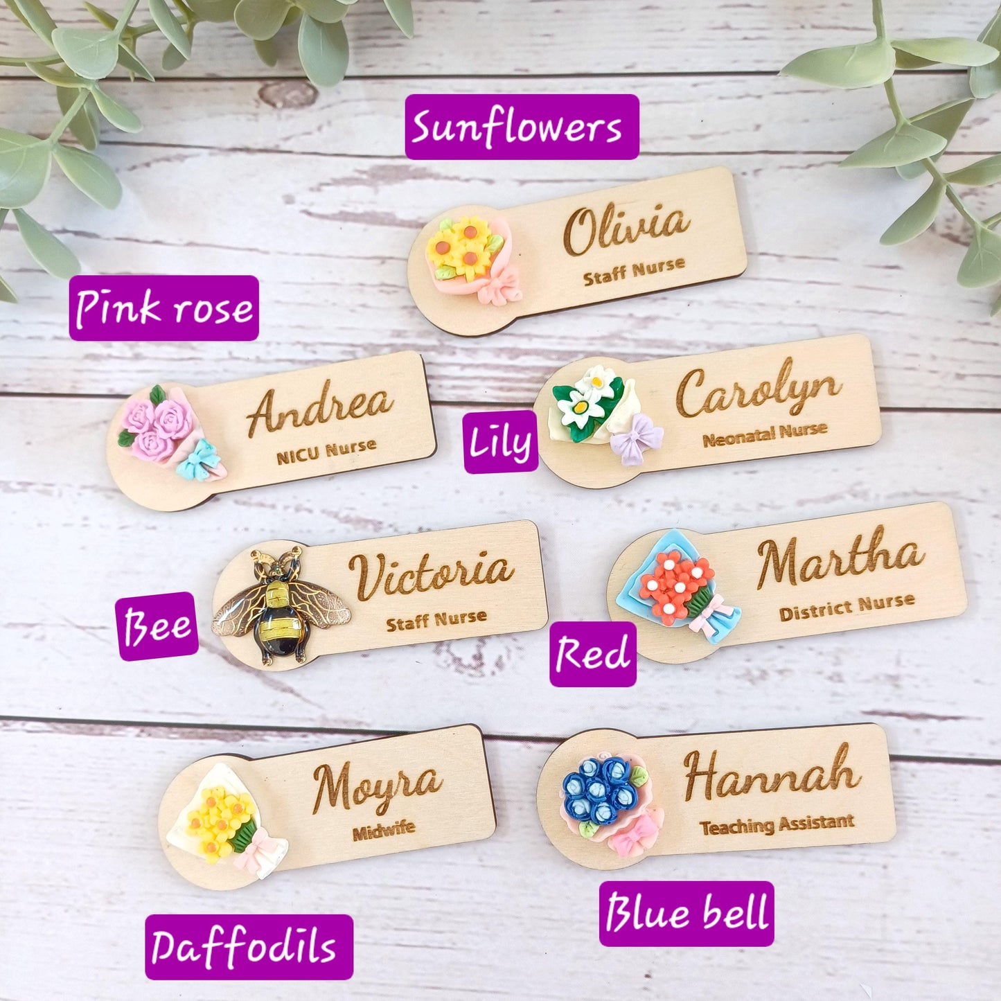 3D Flower Bouquet Name Badge: Personalized Wooden Name Tag