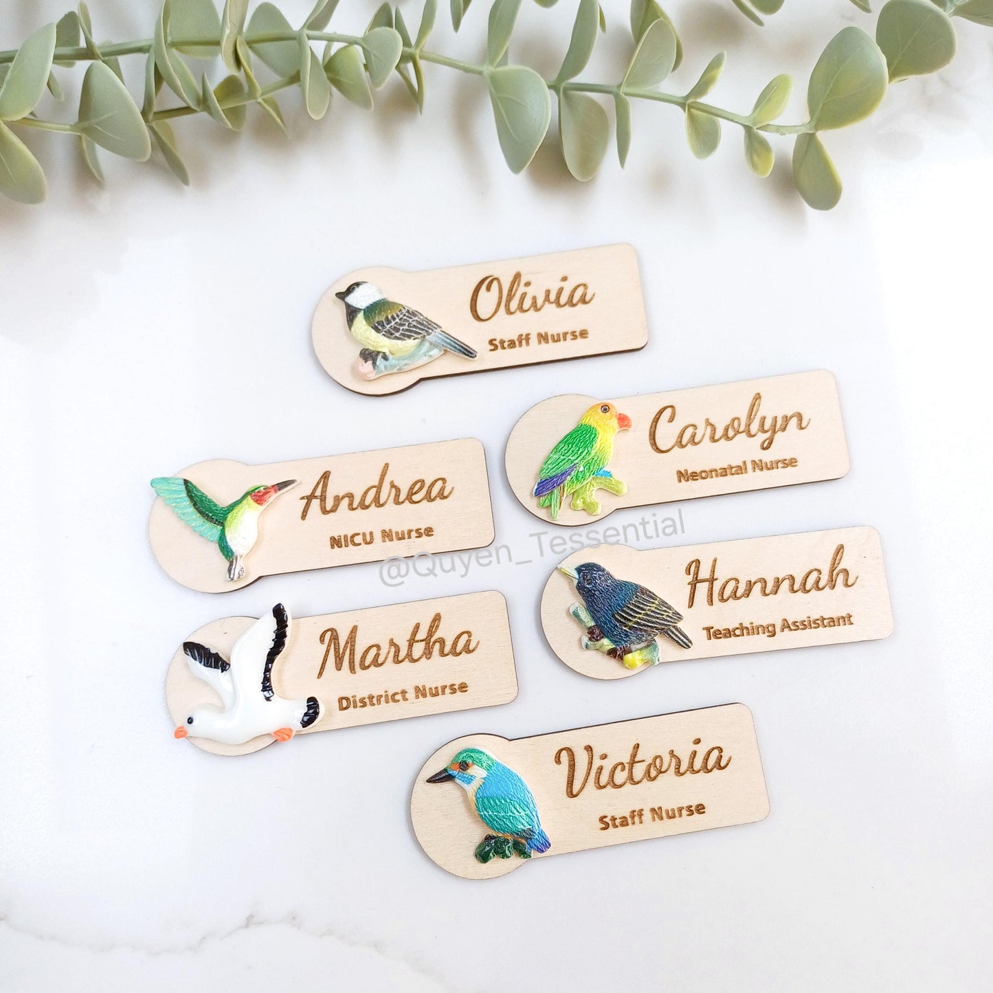 3D Bird Wooden Name Badge: Personalized Teacher, Nurse, Doctor Gift