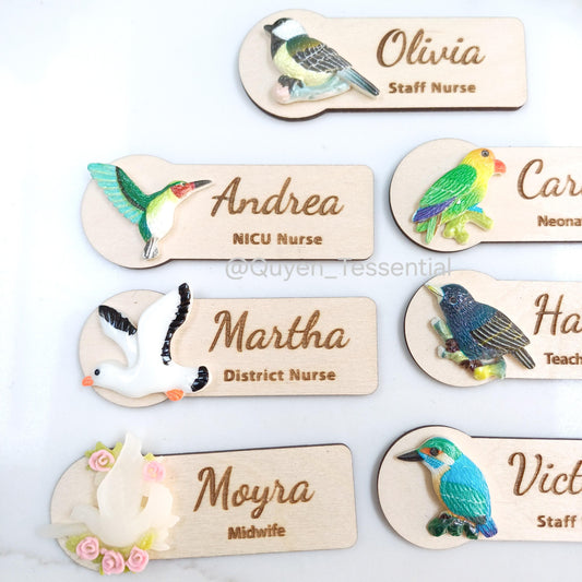 3D Bird Wooden Name Badge: Personalized Teacher, Nurse, Doctor Gift