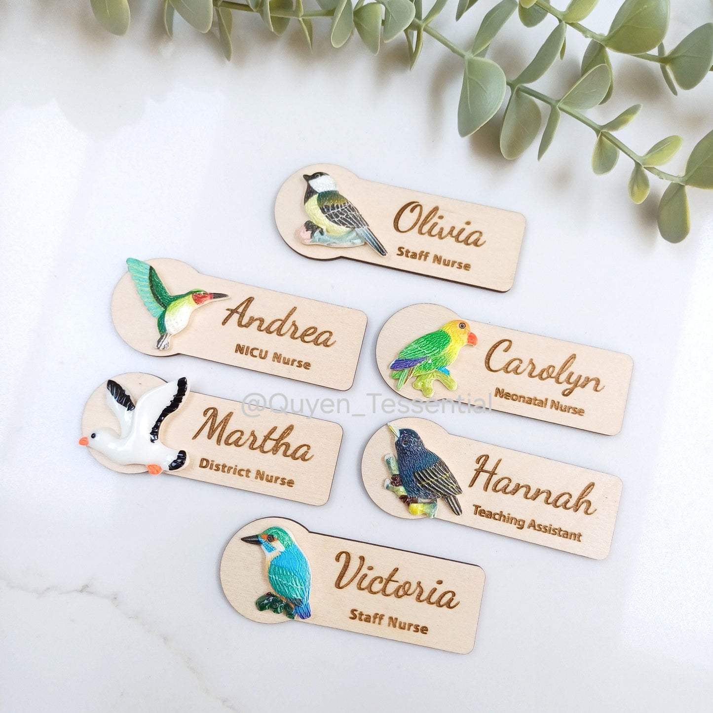 3D Bird Wooden Name Badge: Personalized Teacher, Nurse, Doctor Gift