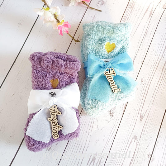 Personalized fluffy socks gift box: boho name charm, cosy winter socks