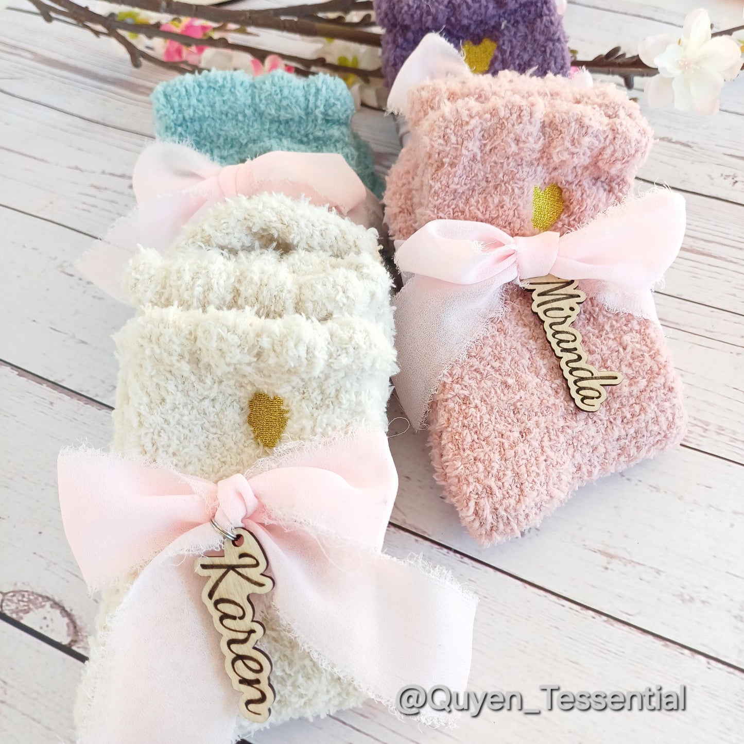 Personalized fluffy socks gift box: boho name charm, cosy winter socks