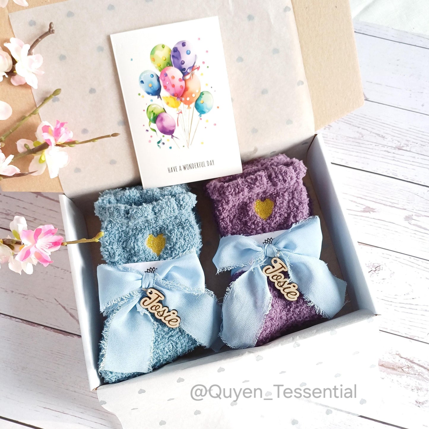 Personalized fluffy socks gift box: boho name charm, cosy winter socks