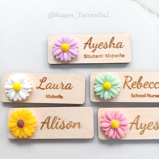 3D Daisy Wooden Name Badge: Custom Teacher, Nurse, Doctor Gift