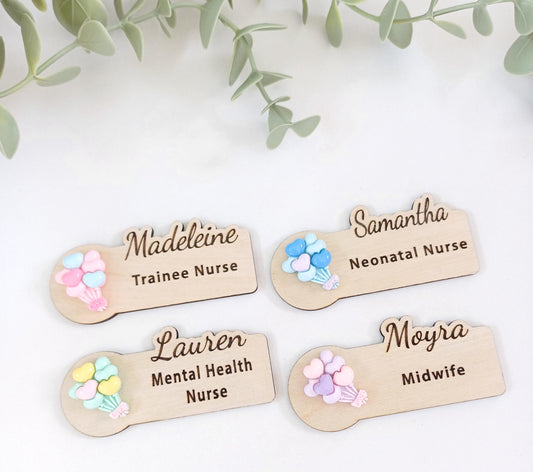 Personalized Wooden Name Badge, 3D Balloon Accent, Teacher Doctor Nurse Gift