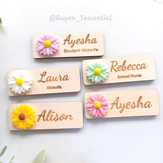 3D Daisy Wooden Name Badge: Custom Teacher, Nurse, Doctor Gift