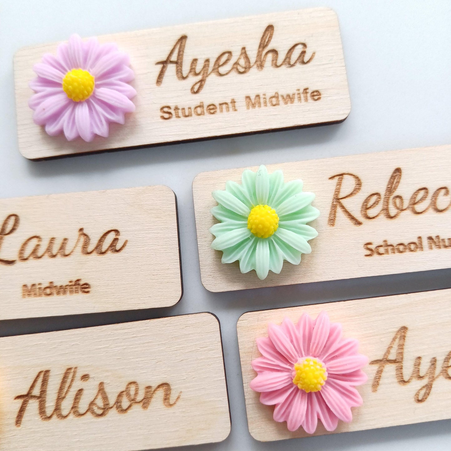 3D Daisy Wooden Name Badge: Custom Teacher, Nurse, Doctor Gift