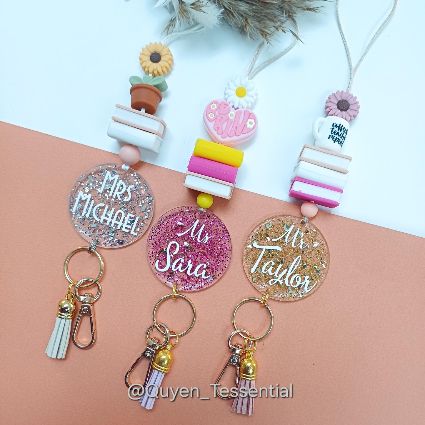 Personalized teacher lanyard: glitter id badge holder with breakaway