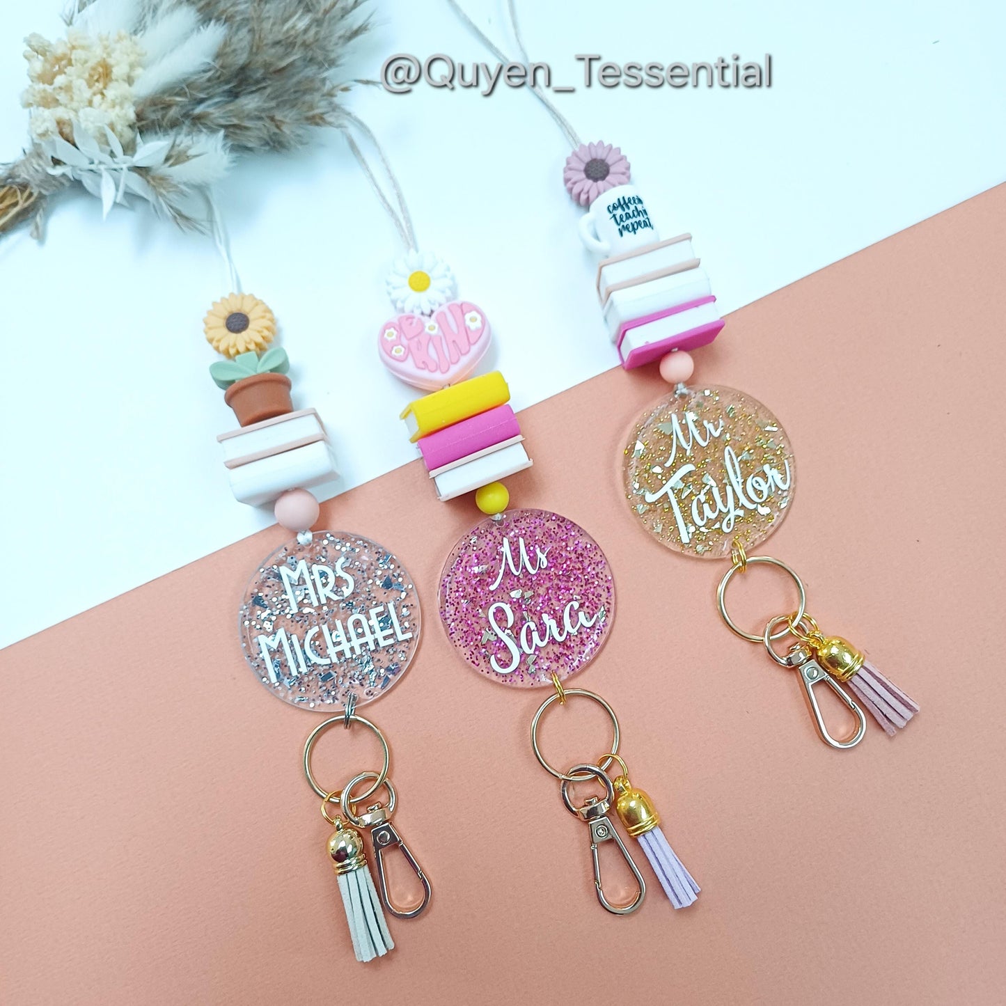 Personalized teacher lanyard: glitter id badge holder with breakaway