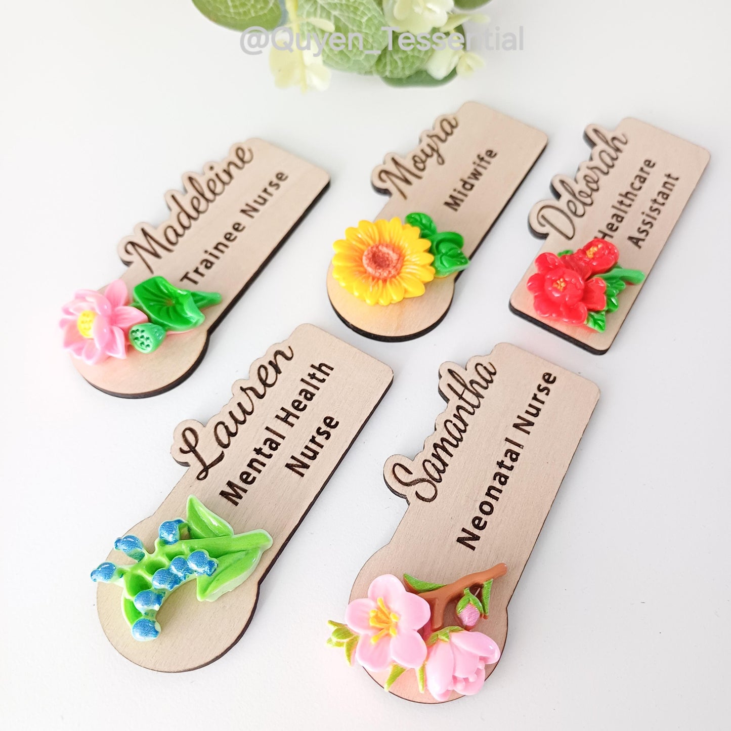 3d floral wooden name badge: custom teacher, doctor, nurse gift