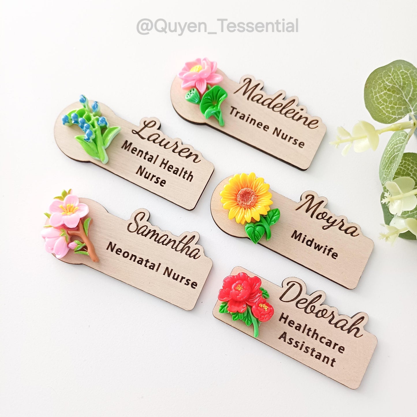 3d floral wooden name badge: custom teacher, doctor, nurse gift