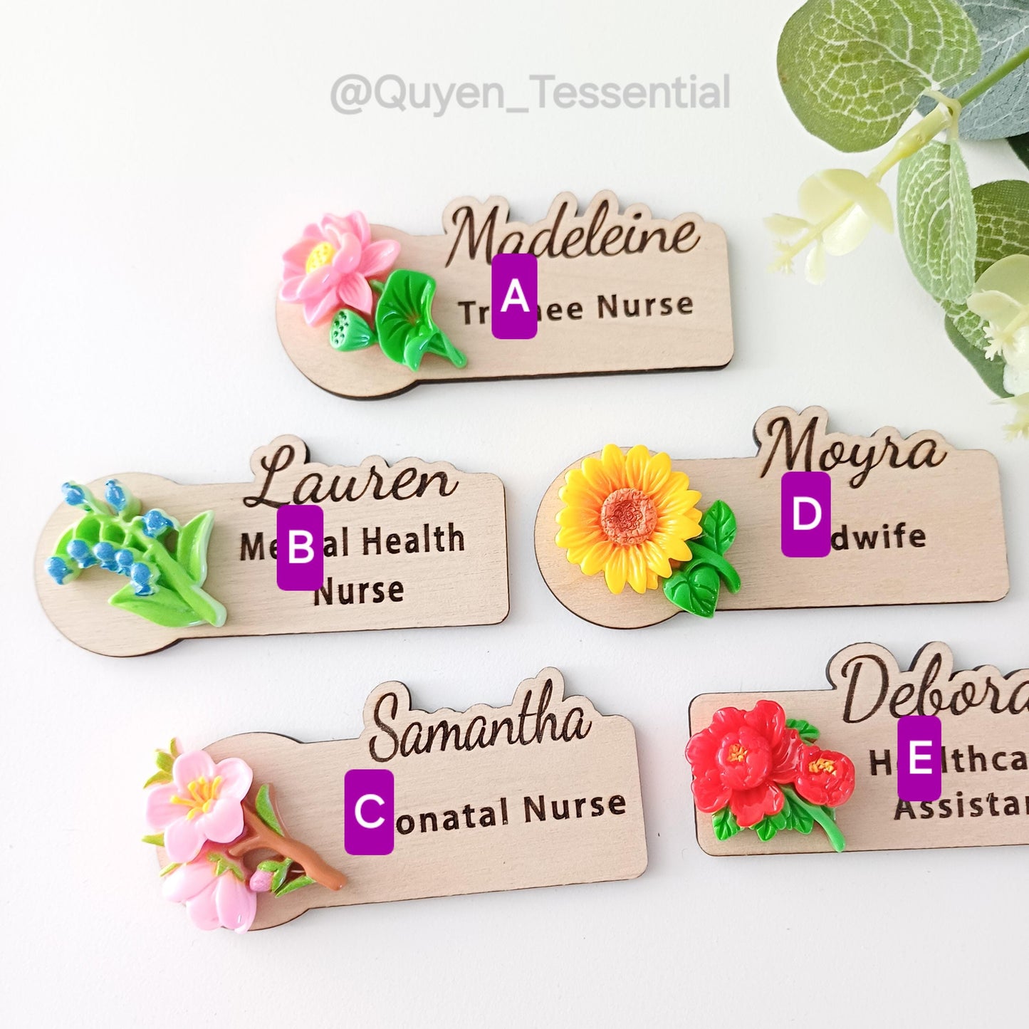 3d floral wooden name badge: custom teacher, doctor, nurse gift