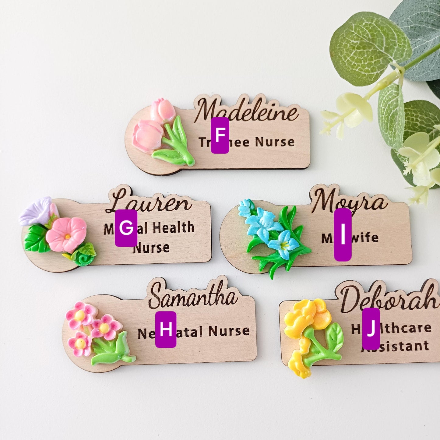 3d floral wooden name badge: custom teacher, doctor, nurse gift