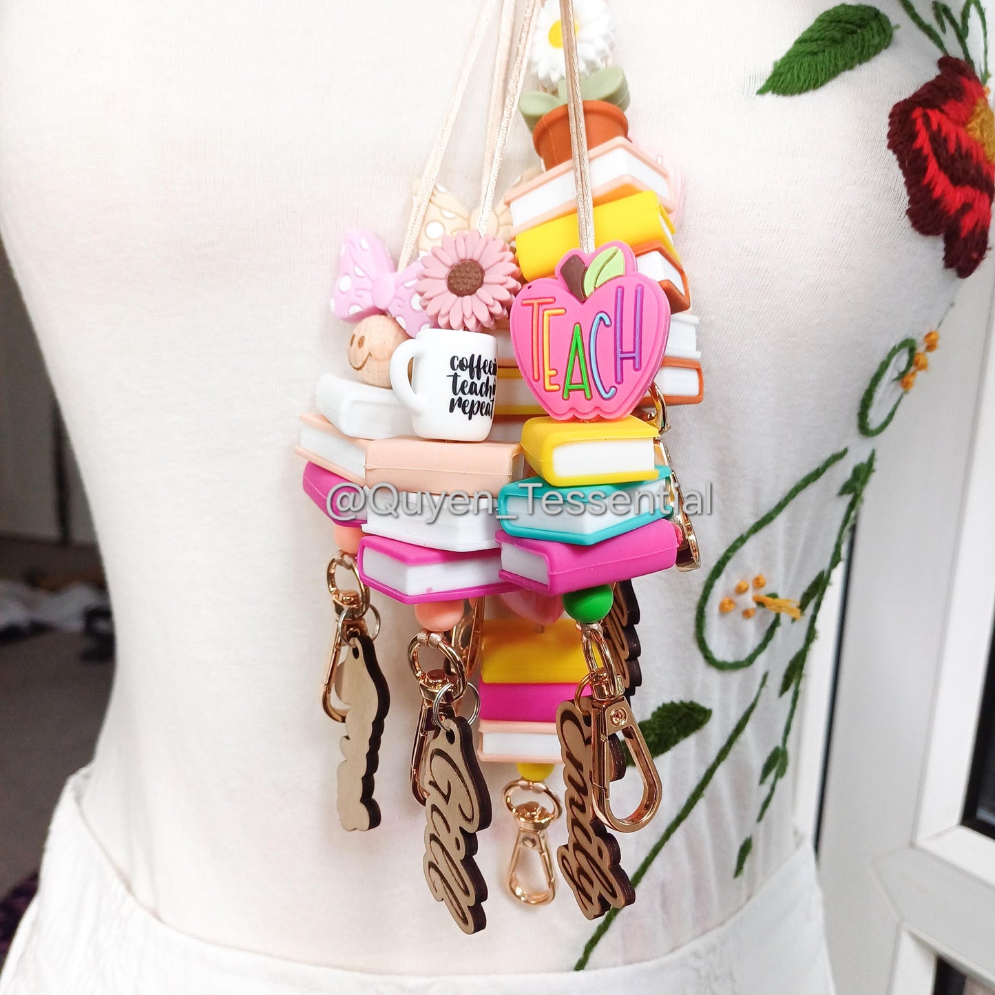 Boho teacher lanyard with name, beaded breakaway lanyard