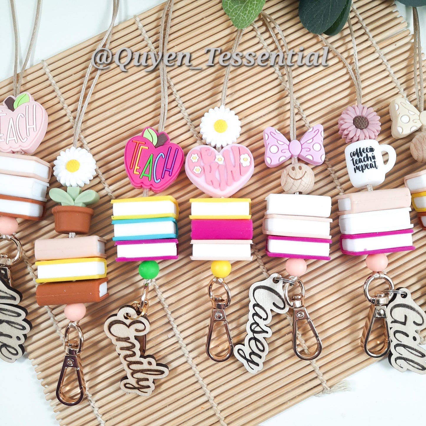 Boho teacher lanyard with name, beaded breakaway lanyard