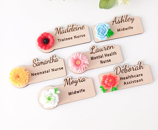 3D Floral Name Badge: Custom Wooden Teacher, Nurse, Doctor Gift