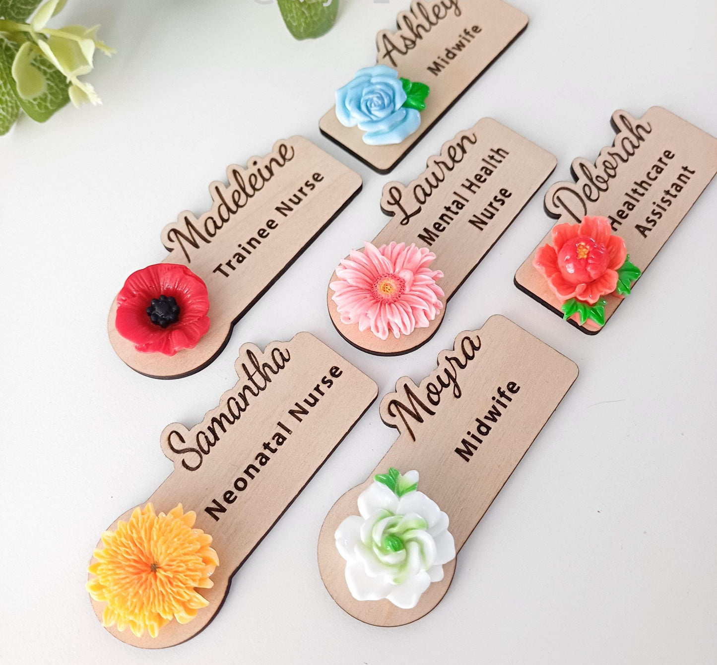 3D Floral Name Badge: Custom Wooden Teacher, Nurse, Doctor Gift