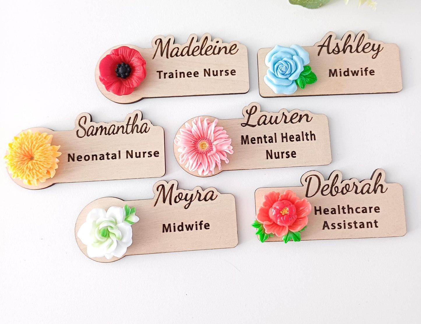 3D Floral Name Badge: Custom Wooden Teacher, Nurse, Doctor Gift