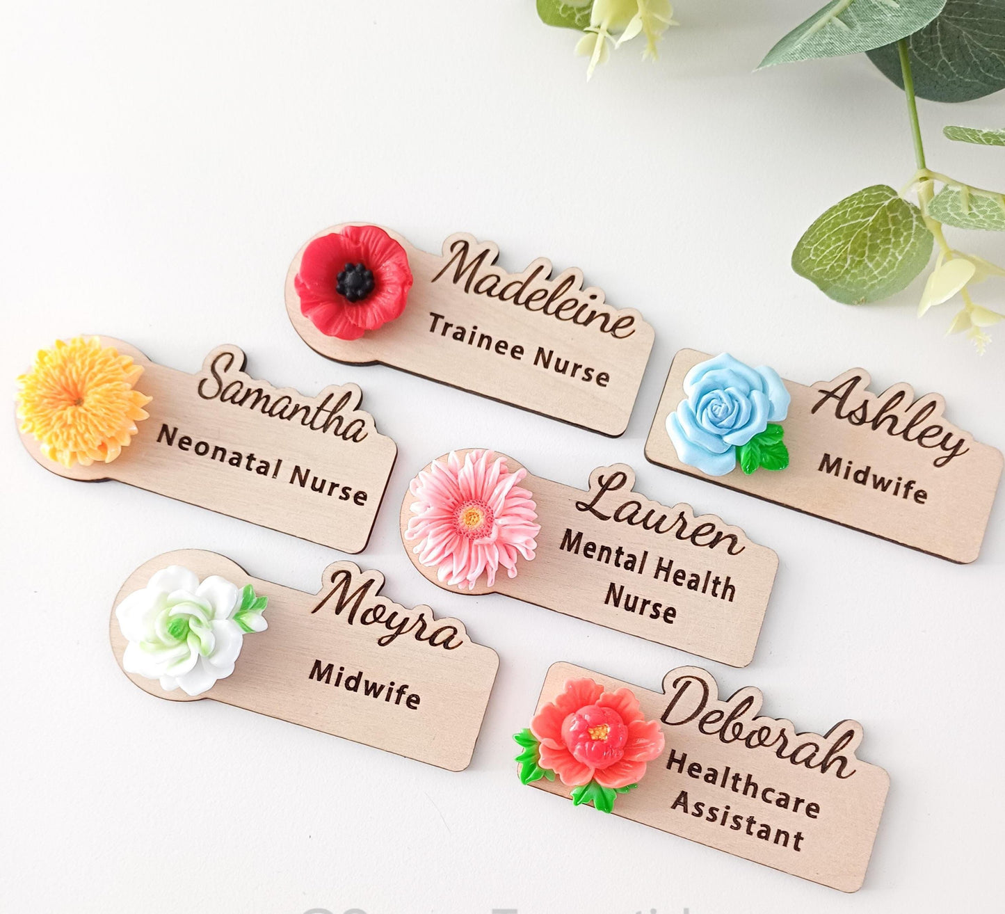 3D Floral Name Badge: Custom Wooden Teacher, Nurse, Doctor Gift
