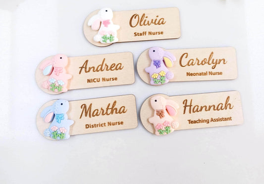 Personalized Easter Bunny Wooden Name Badge, Teacher Nurse Gift
