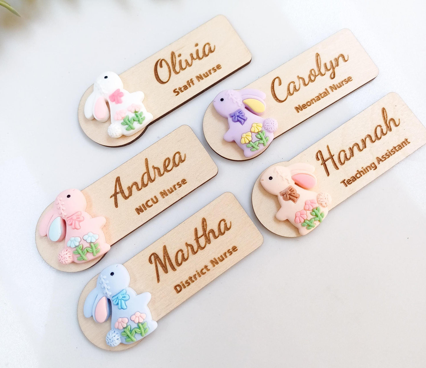 Personalized Easter Bunny Wooden Name Badge, Teacher Nurse Gift