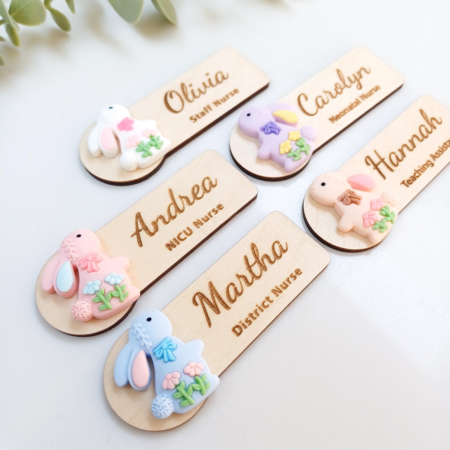 Personalized Easter Bunny Wooden Name Badge, Teacher Nurse Gift