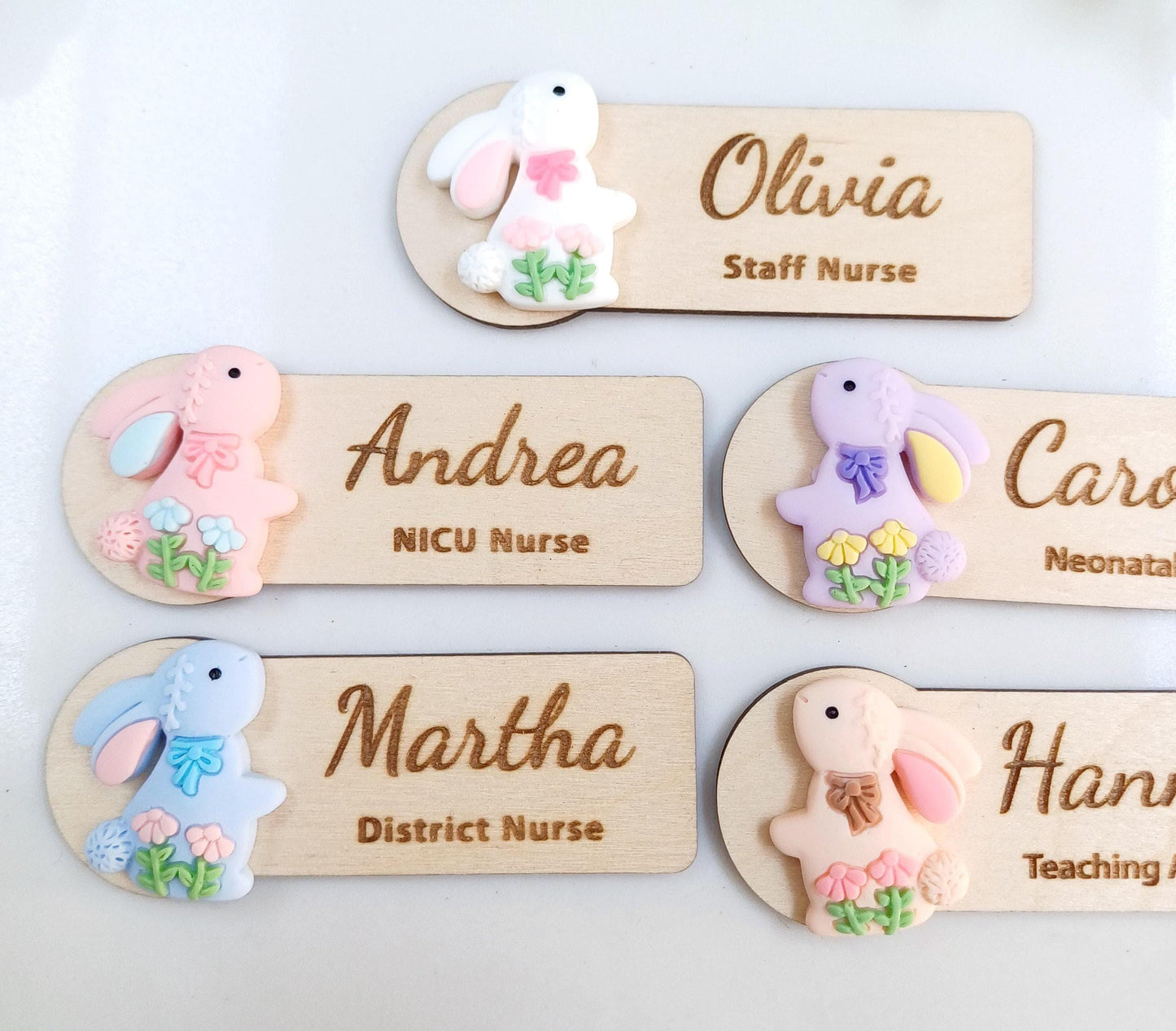 Personalized Easter Bunny Wooden Name Badge, Teacher Nurse Gift