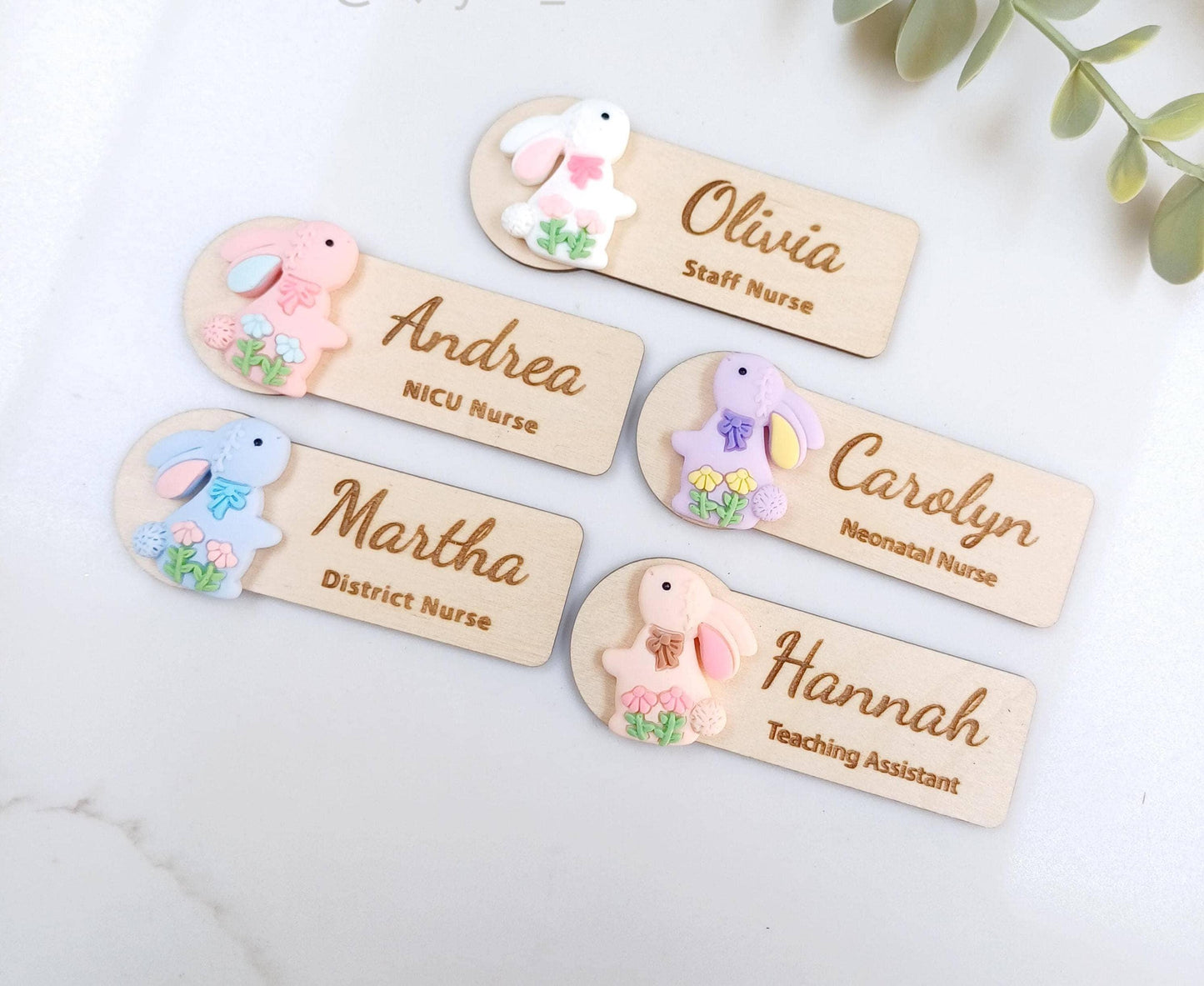 Personalized Easter Bunny Wooden Name Badge, Teacher Nurse Gift