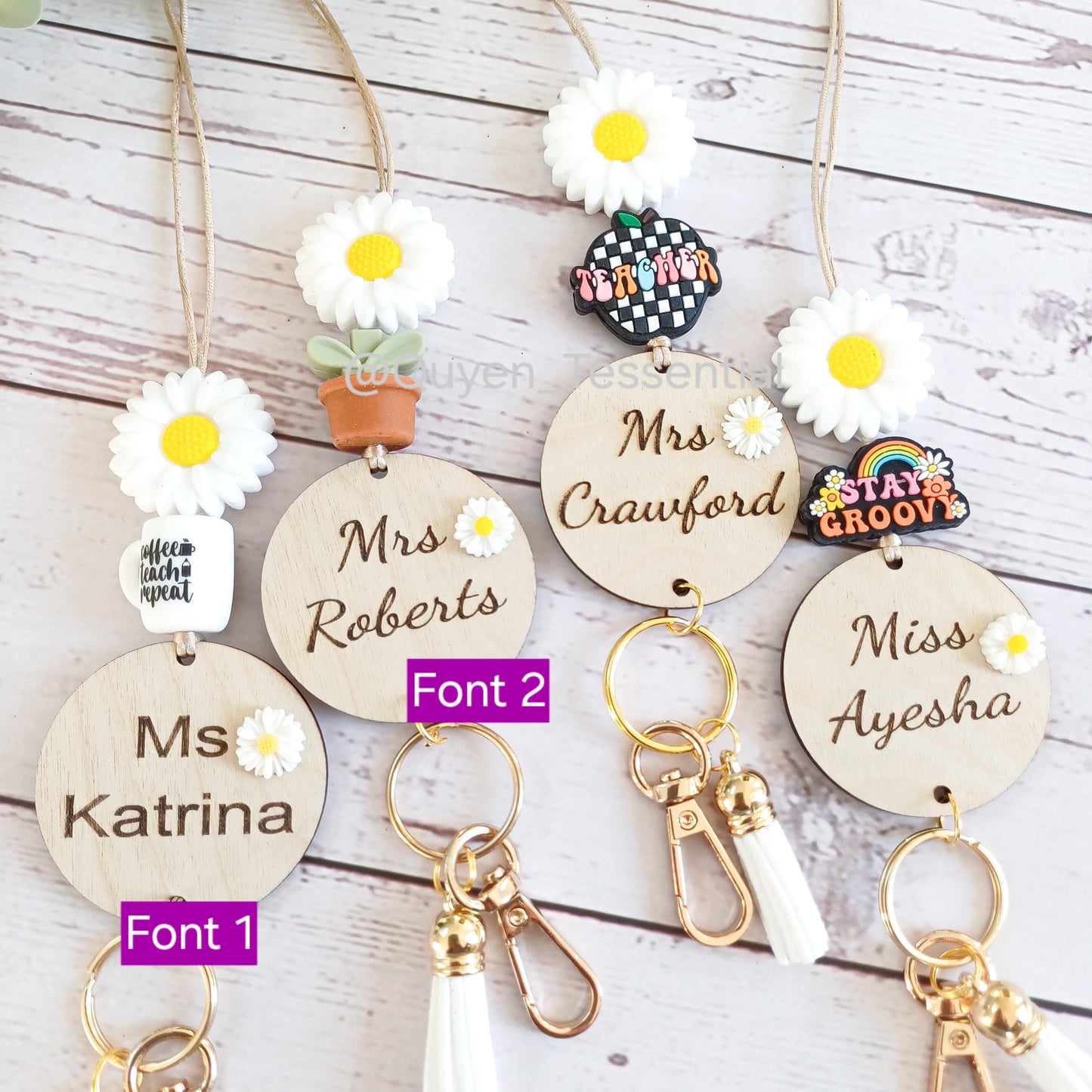 Daisy beaded lanyard with 3d engraved name tag: teacher appreciation gift