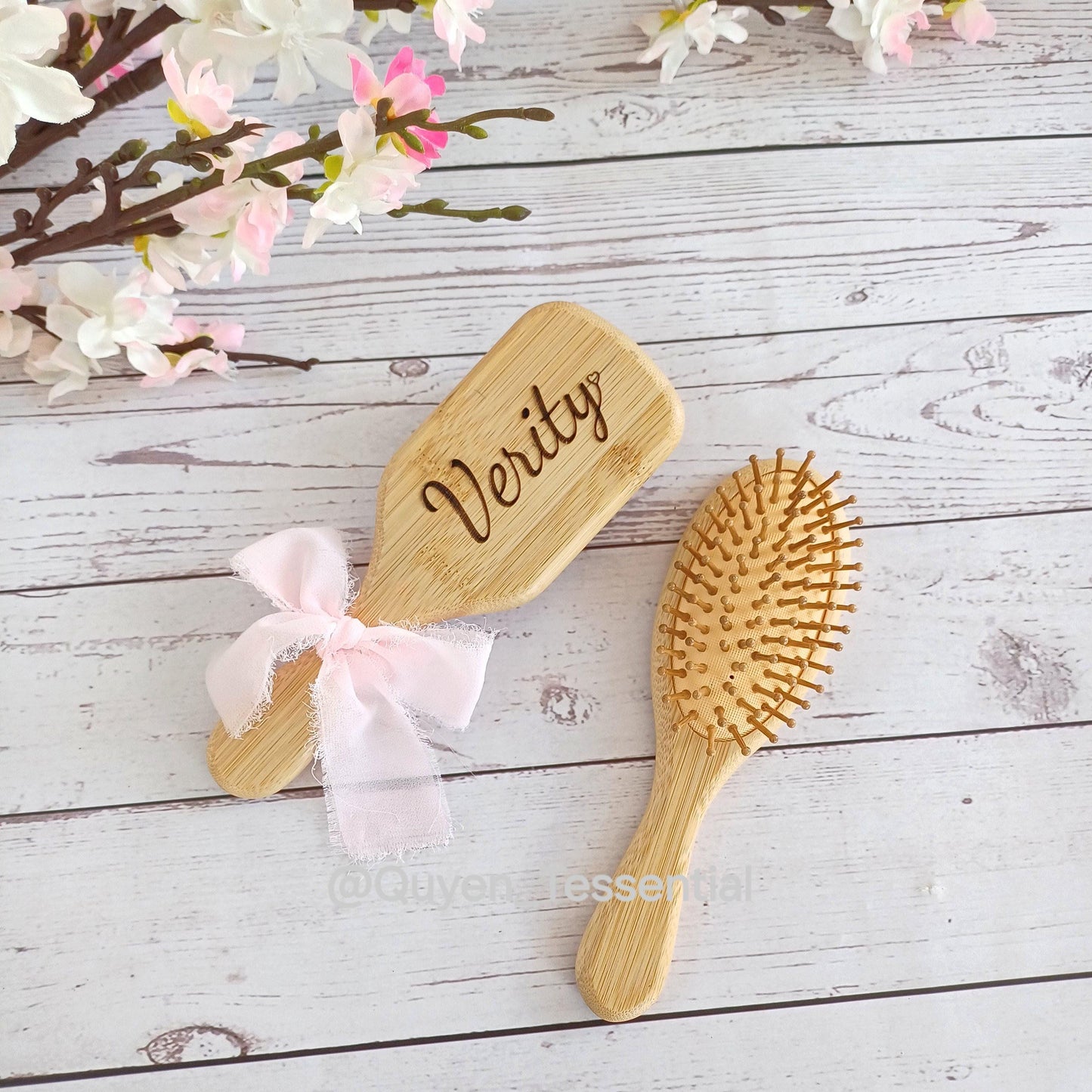Personalized bamboo hair brush with bow, engraved eco-friendly gift